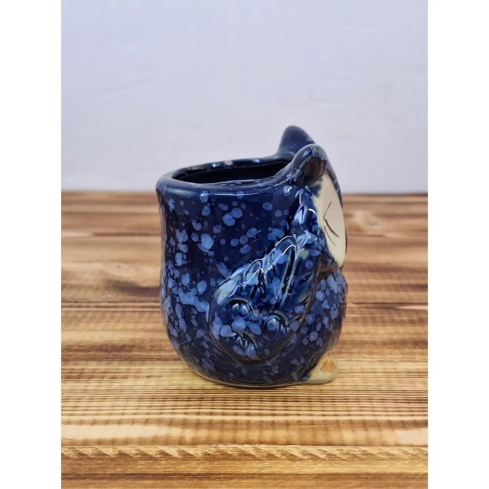 Vintage Sleeping Owl‎ Pottery Planter Blue Speckled Small Succulent